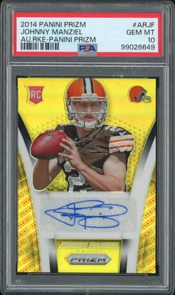 2014 Panini Prizm Rookie Autographs Prizm Gold Johnny Manziel #AR-JF Autograph /75 PSA 10
