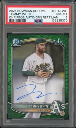 2025 Bowman Chrome Prospect Autographs Tommy White #CPA-TWH Green Reptilian Refractor Autograph /99 PSA 8