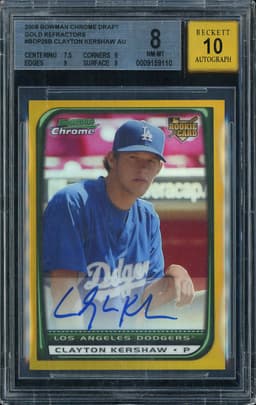 2008 Bowman Chrome Draft Gold Refractors Clayton Kershaw #BDP26 Autograph /50 BGS 8