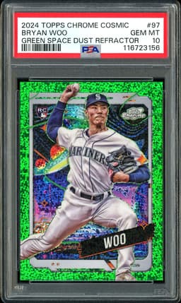 2024 Topps Chrome Cosmic Bryan Woo #97 Green Space Dust Refractor PSA 10