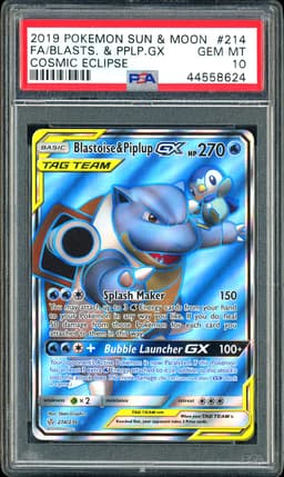 2019 Pokemon Sun & Moon Cosmic Eclipse Blastoise & Piplup GX #214 Full Art PSA 10