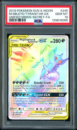 2019 Pokemon Sun & Moon Unified Minds Mega Sableye & Tyranitar GX Secret Rare Full Art #245 PSA 10