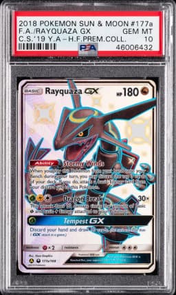 2018 #177a Full Art/Rayquaza GX PSA 10 Sun & Moon Celestial Storm Pokemon