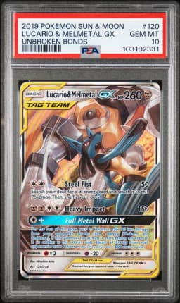 2019 #120 Lucario & Melmetal GX PSA 10 Sun & Moon Unbroken Bonds