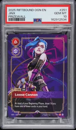 2025 #251 Jinx - Loose Cannon PSA 10 Riftbound: League of Legends Ogn-Origins Plated Legends