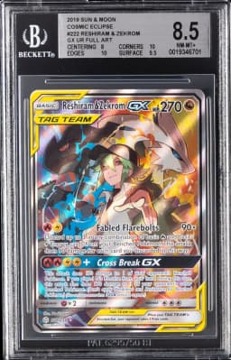 2019 #222 Full Art/Reshiram & Zekrom GX BGS 8.5 Sun & Moon Cosmic Eclipse Pokemon