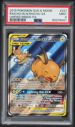 2019 #221 Full Art/Raichu & Alolan Raichu GX PSA 9 Sun & Moon Unified Minds Pokemon
