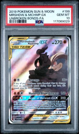 2019 #199 Full Art/Marshadow & Machamp GX PSA 10 Sun & Moon Unbroken Bonds