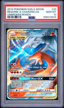 2019 #20 Reshiram & Charizard GX PSA 10 Sun & Moon Unbroken Bonds