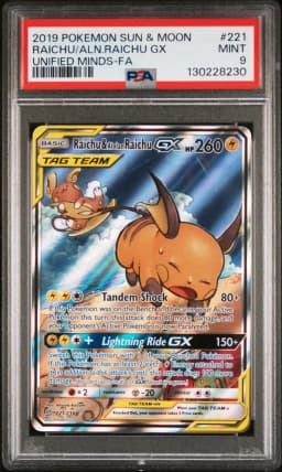 2019 #221 Full Art/Raichu & Alolan Raichu GX PSA 9 Sun & Moon Unified Minds