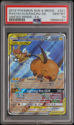 2019 #221 Full Art/Raichu & Alolan Raichu GX PSA 10 Sun & Moon Unified Minds