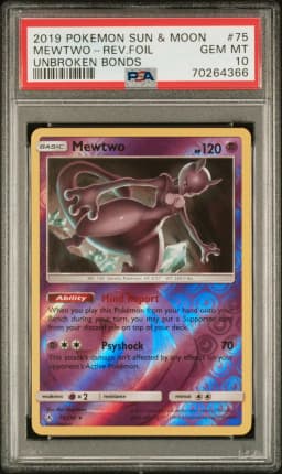 2019 #75 Mewtwo-Reverse Foil PSA 10 Sun & Moon Unbroken Bonds