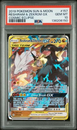 2019 #157 Reshiram & Zekrom GX PSA 10 Sun & Moon Cosmic Eclipse