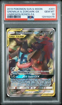 2019 #201 Full Art/Greninja & Zoroark GX PSA 10 Sun & Moon Unbroken Bonds