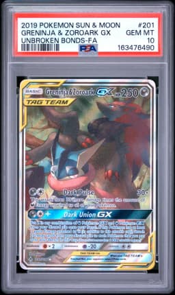 2019 #201 Full Art/Greninja & Zoroark GX PSA 10 Sun & Moon Unbroken Bonds