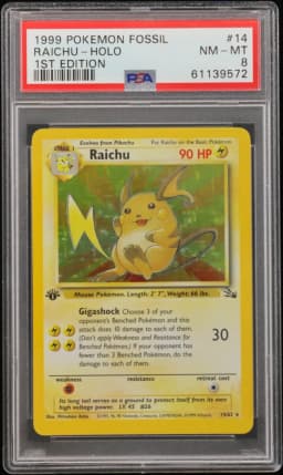 1999 #14 Raichu-Holo 1st Edition PSA 8 Fossil