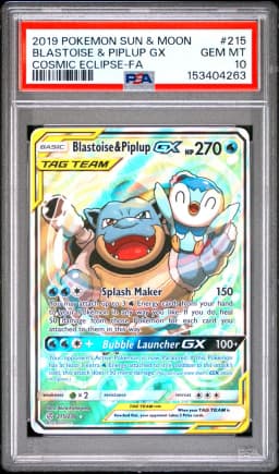 2019 #215 Full Art/Blastoise & Piplup GX PSA 10 Sun & Moon Cosmic Eclipse