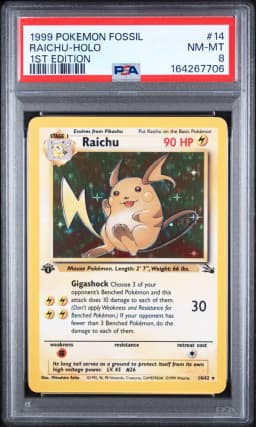 1999 #14 Raichu-Holo 1st Edition PSA 8 Fossil