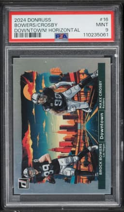 2024 #16 Brock Bowers/Maxx Crosby PSA 9 Panini Donruss Downtown! Horizontal Football
