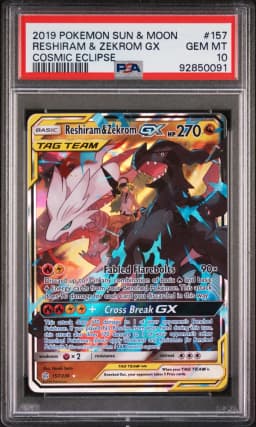 2019 #157 Reshiram & Zekrom GX PSA 10 Sun & Moon Cosmic Eclipse
