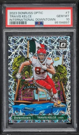 2023 #7 Travis Kelce PSA 10 Panini Donruss Optic International Downtown Football