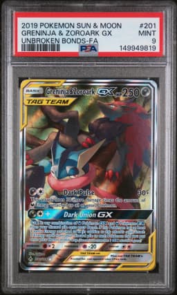 2019 #201 Full Art/Greninja & Zoroark GX PSA 9 Sun & Moon Unbroken Bonds