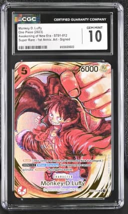 2023 #ST01-012 Monkey D. Luffy SR (Left Arm Circling Edge of Card) 1st Anniversary Art Signed CGC 10 Awakening of the New Era (OP05) - English