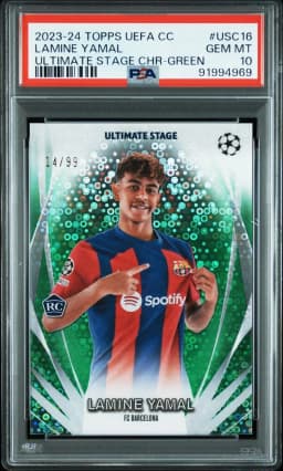 2023 #USC16 Lamine Yamal PSA 10 Green Topps UEFA Club Competitions Ultimate Stage Chrome Soccer