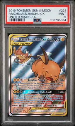 2019 #221 Full Art/Raichu & Alolan Raichu GX PSA 9 Sun & Moon Unified Minds