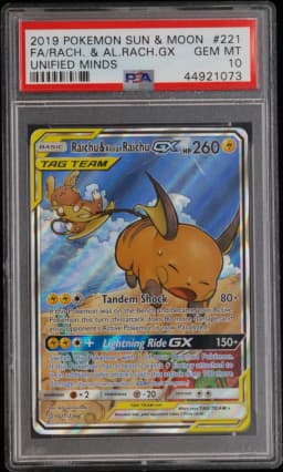 2019 #221 Full Art/Raichu & Alolan Raichu GX PSA 10 Sun & Moon Unified Minds