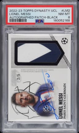2022 #LM2 Lionel Messi PSA 8 Topps Dynasty UEFA Champions League Dynasty Autographed Patch
