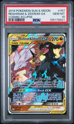 2019 #157 Reshiram & Zekrom GX PSA 10 Sun & Moon Cosmic Eclipse