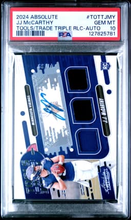 2024 #TOTTJMY JJ McCarthy PSA 10 Panini Absolute Tools of the Trade Triple Relics