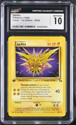1999 #30 Zapdos CGC 10 Fossil - 1st Edition - English
