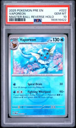 2025 #022 Vaporeon Master Ball Reverse Holo PSA 10 Pre EN-Prismatic Evolutions