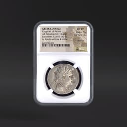 Kingdom of Bactria GREEK COINAGE AR Tetradrachm rv Apollo w/bow & arrow NGC ChVF