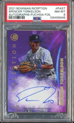 2021 Bowman Inception Autographs Spencer Torkelson #PA-ST Fuchsia Foil /75 PSA 8