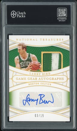 2021-22 Panini National Treasures Game Gear Autographs Larry Bird #GGA-LRB /15