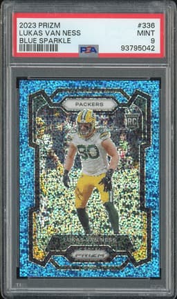 2023 Panini Prizm Lukas Van Ness #336 Blue Sparkle PSA 9