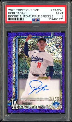 2025 Topps Chrome Roki Sasaki #RA-ROKI Purple Speckle Autograph /299 PSA 9