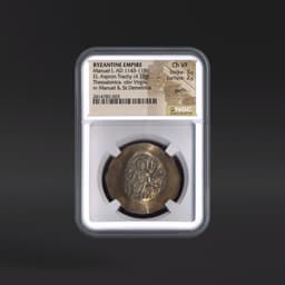 Manuel I, AD 1143-1180 BYZANTINE EMPIRE EL Aspron Trachy rv Manuel & St.Demetrius NGC ChVF