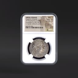 Kingdom of Bactria GREEK COINAGE AR Tetradrachm rv Apollo w/bow & arrow NGC AU